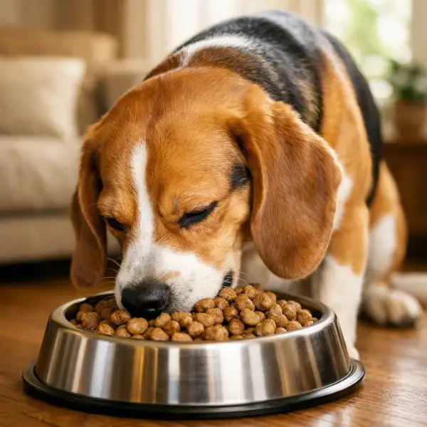 Chien adulte en bonne santé avec pelage brillant mangeant des croquettes hypoallergéniques dans sa gamelle.