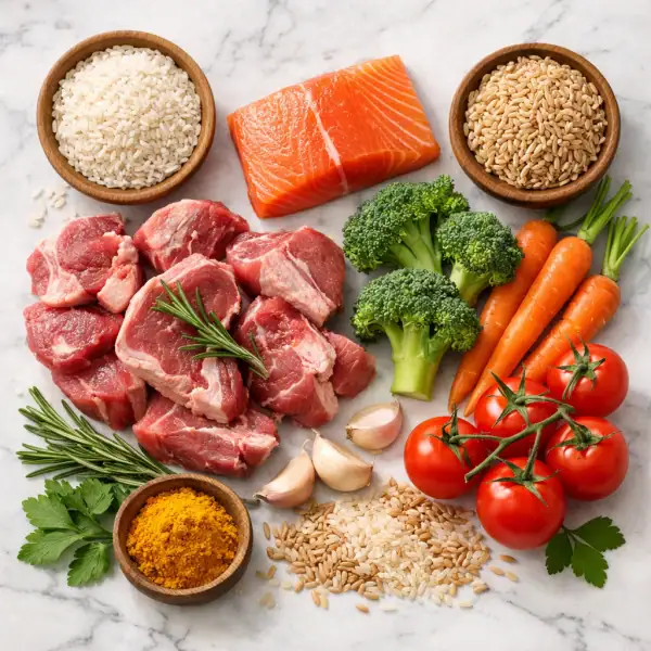 Ingrédients naturels premium des croquettes agneau et riz disposés artistiquement sur fond clair et naturel.