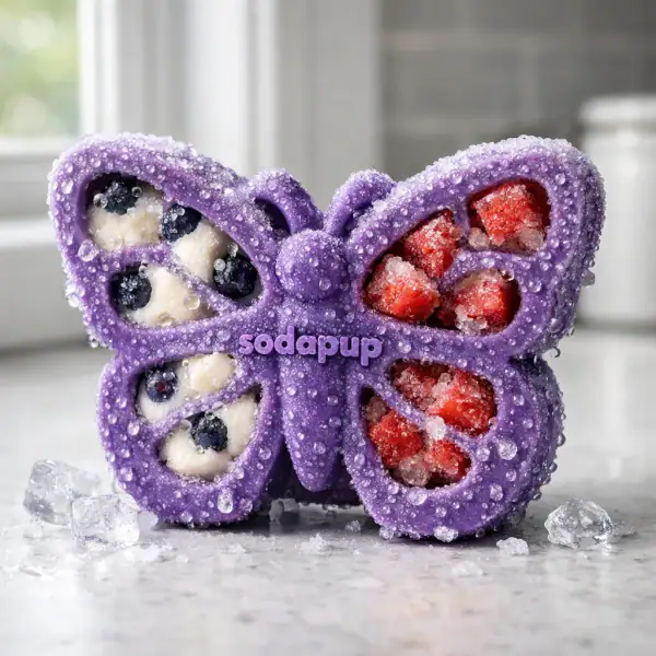 Papillon Sodapup givré sortant du congélateur avec gouttelettes de condensation visibles.