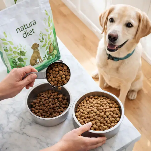 Propriétaire mesurant portion de croquettes Natura Diet pour transition alimentaire progressive de son chien adulte.