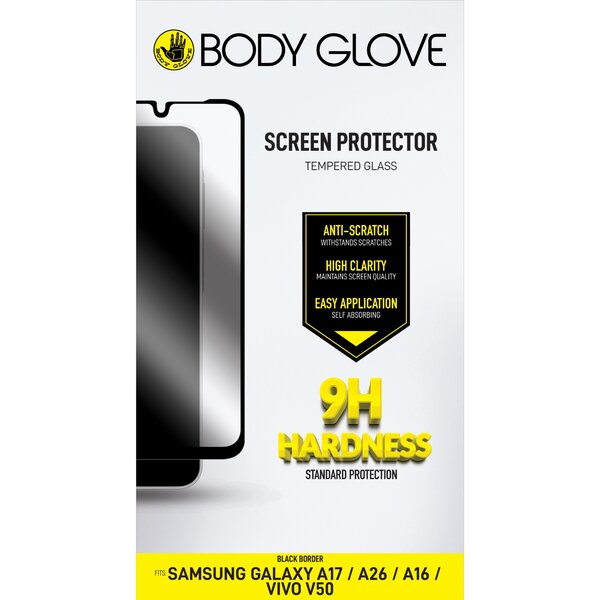 Body Glove Tempered Glass Screen Protector, Samsung Galaxy A17/A26/A16/VIVO V50, Black Border