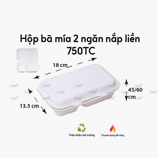Hộp bã mía 2 ngăn nắp liền 750ml