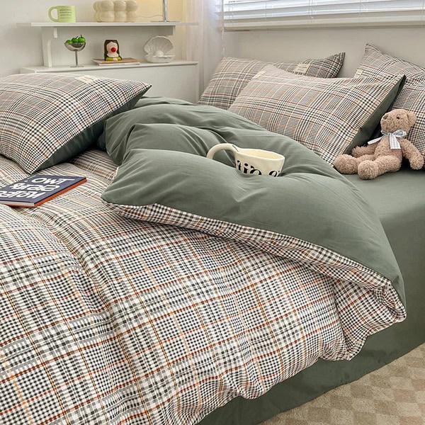 Cozy bedding set with plaid pattern and green pillowcases