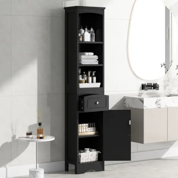 tall bathroom cabinet with black finish and freestanding storage shelves