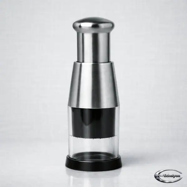 ECHELYON stainless steel 5‑blade manual hand chopper on pale grey linen background – premium brushed metal kitchen tool with transparent chamber.