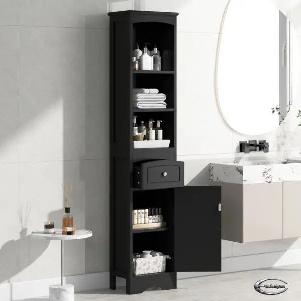 Tall bathroom cabinet in black with freestanding bathroom storage shelves by ECHELYON