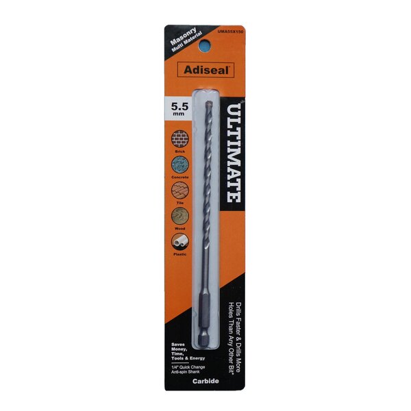 Adiseal Ultimate 5.5mm masonry and multi-material drill bit with 1/4 inch quick-change hex shank for rotary drilling.