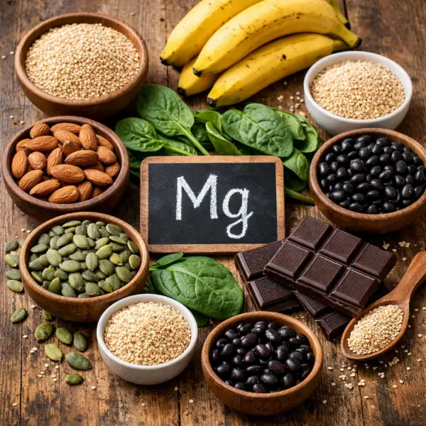 Assortiment d'aliments naturels riches en magnésium disposés sur une table en bois.