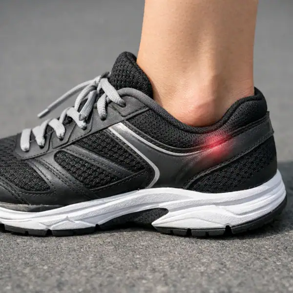 Chaussure serrée exerçant une pression visible sur le bord externe d'un pied en position debout.