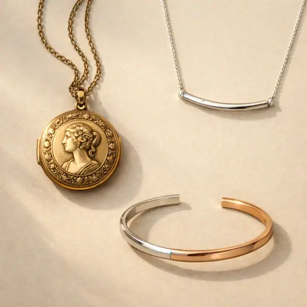 Composition harmonieuse montrant trois bijoux de styles différents représentant trois générations, médaille vintage, collier moderne et bracelet contemporain, sur fond neutre élégant.