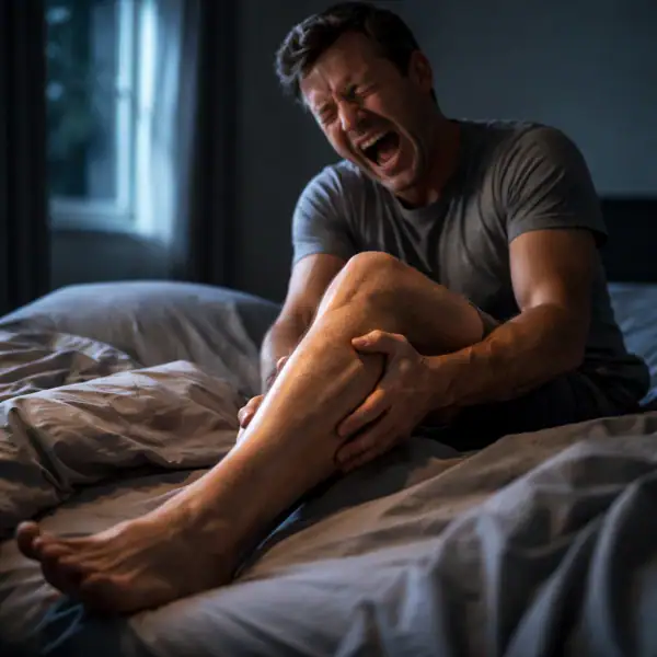 Crampe musculaire nocturne au mollet réveillant une personne dans son lit pendant la nuit.