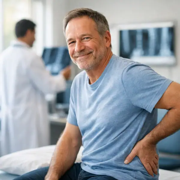 Patient soulagé après traitement lombaire, sourire de soulagement visible sur visage.