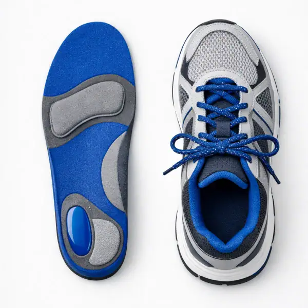 Semelle orthopédique moderne posée à côté d'une chaussure de sport, vue d'ensemble détaillée.