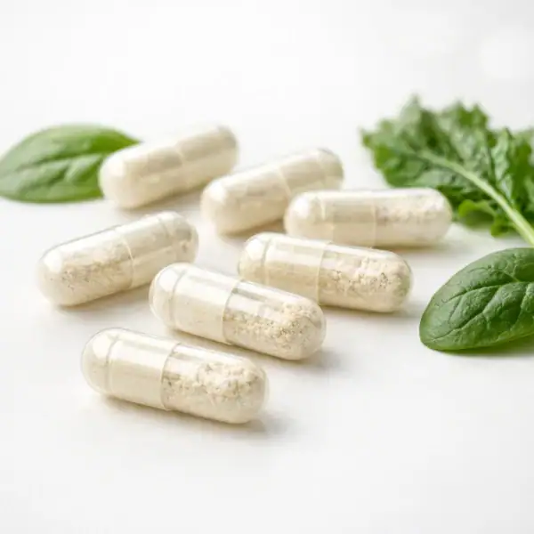 Gélules de suppléments de magnésium avec feuilles vertes sur fond neutre et lumineux.