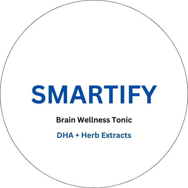 SMARTIFY Brain Wellness Tonic logo with bold blue text and tagline “DHA + Herb Extracts” in a circular design
