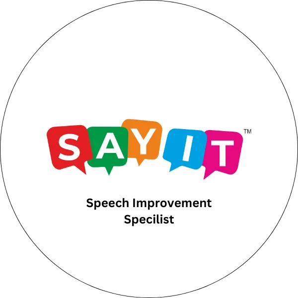 Say It Speech Improvement Specialist logo featuring colorful speech bubbles with letters "S A Y I T" and bold text below