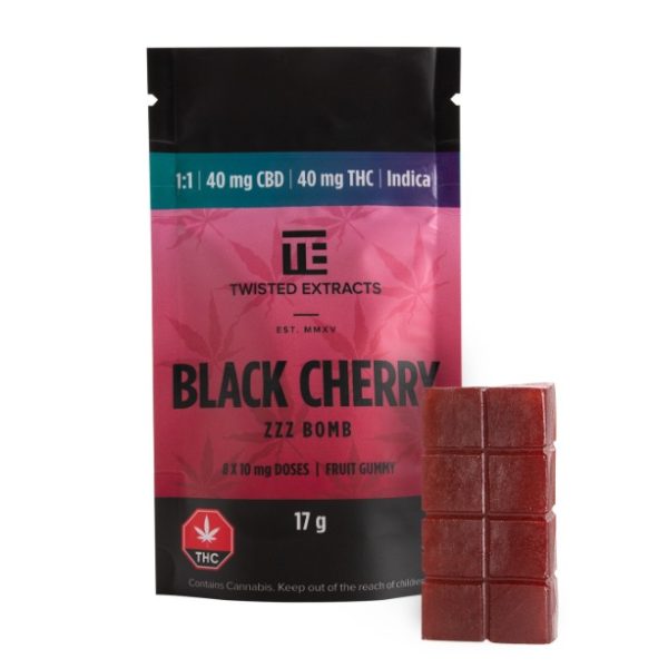 Twisted Extracts Black Cherry Zzz Bomb 1:1 gummy 40mg THC 40mg CBD black cherry flavoured edible for adults 21+