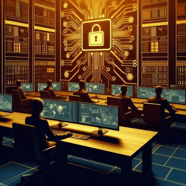 Cybersecurity team vigilantly monitors screens for security breaches in a high-tech control room, ensuring robust data protection.