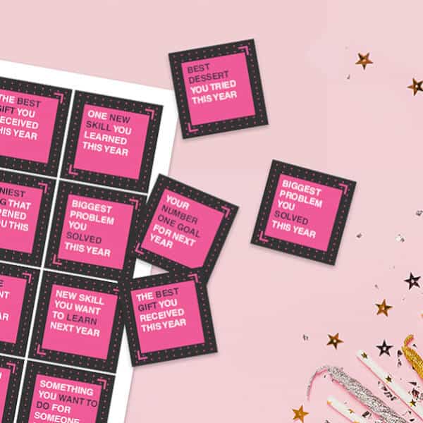 Conversation starters cards in shades of pink, black and white on a light pink background