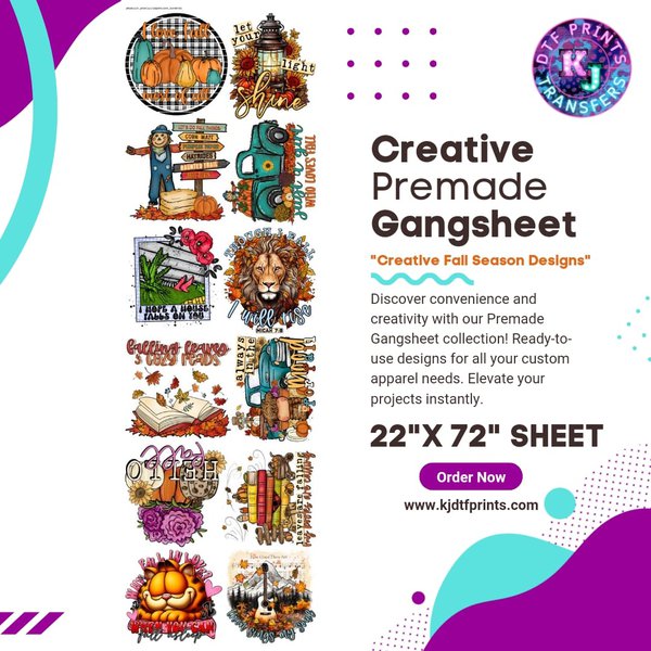 Premade Fall Design Gangsheet - 12 Design DTF Transfer Packed - 22"x72" Gangsheet