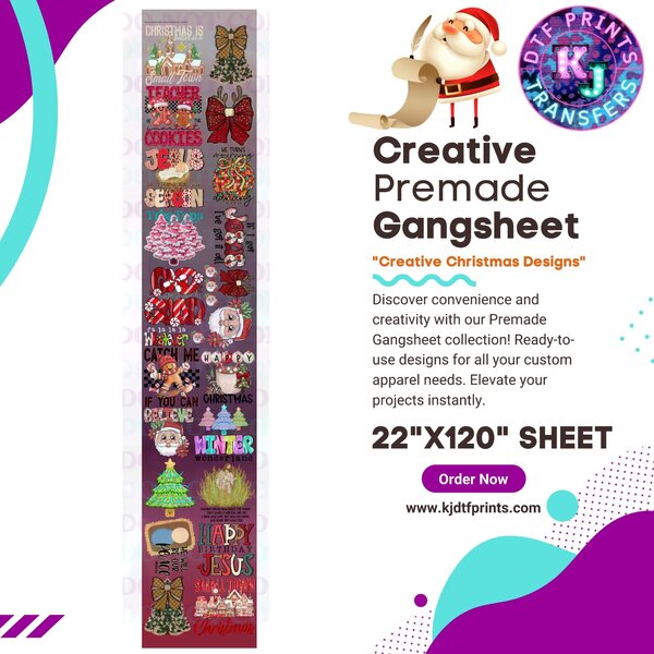 Premade Christmas Designs Gangsheet, 26 DTF Transfer Design Packed - 22"x120" Gangsheet