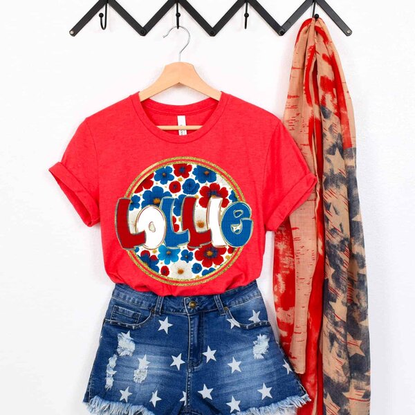 Lollie Patriotic Red White & Blue USA Flag theme Floral Name Design