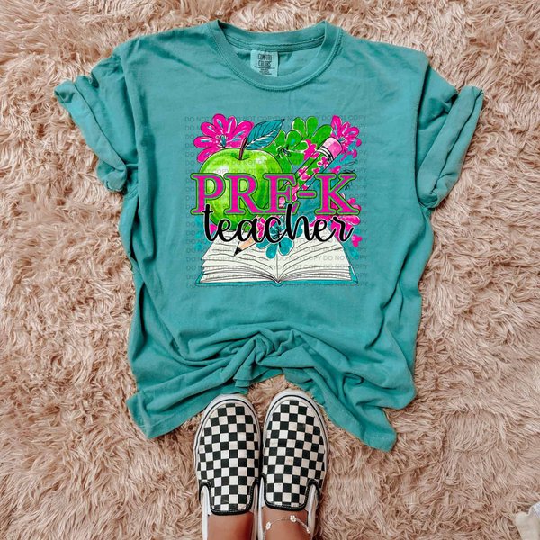 Pre-K Teacher Green Apple & Floral School Spirit Design