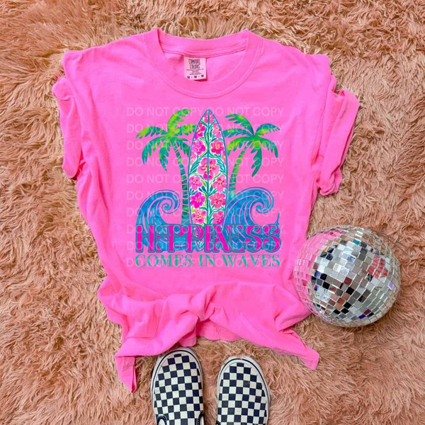 Happiness Comes in Waves Bright Floral Surfboard and Palm Design