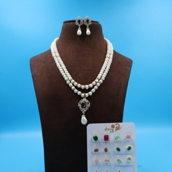 Alternative view of Cz Stone & Pendant Pearl Necklace Set