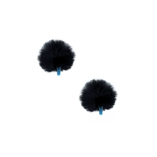 Pair of black mini windshields with blue safety straps for lavalier microphones