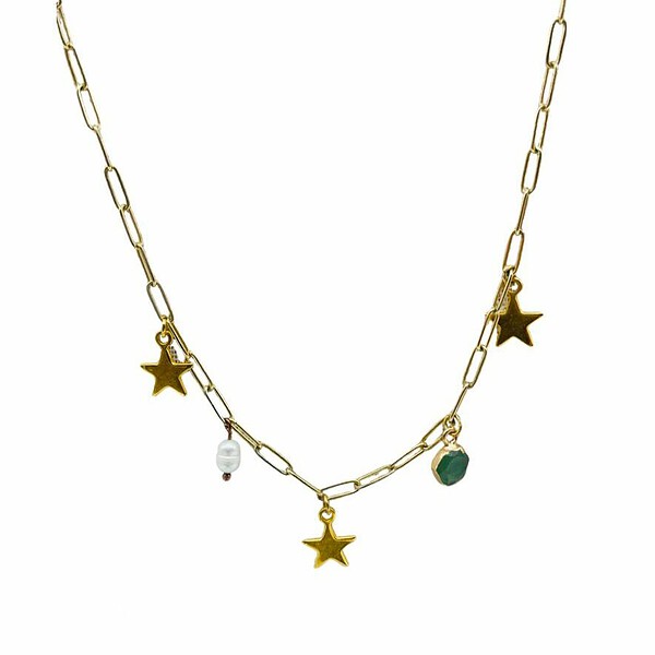 Goldene Kette Spirit mit Stern-Anhängern, Süßwasserperle und grünem Naturstein, handgemacht von LIUSH Berlin