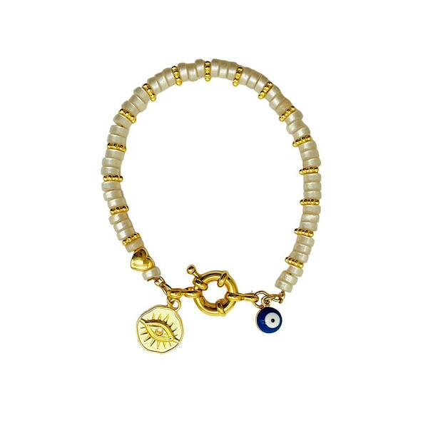 Armband Camille mit weiß-goldenen Perlen und Evil-Eye-Charms, handgemacht von LIUSH Berlin