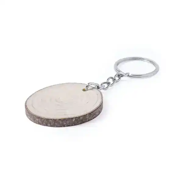 Houten sleutelhanger met boomstamprint, natuurlijke houten afwerking, metalen ring.