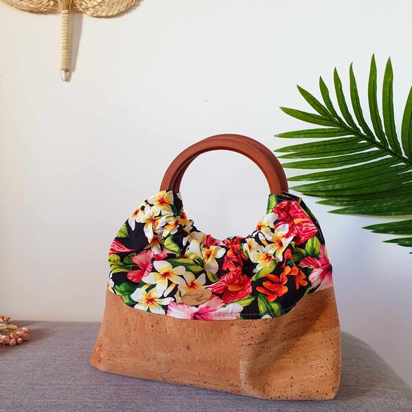 sac miti liege et fleurs anse en bois
