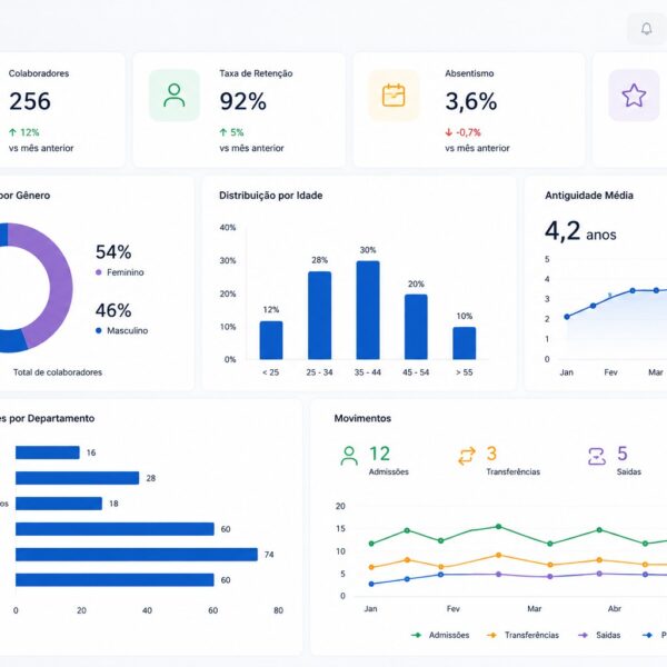 Dashboard de recursos humanos com indicadores de colaboradores, antiguidade, género, idade e movimentos