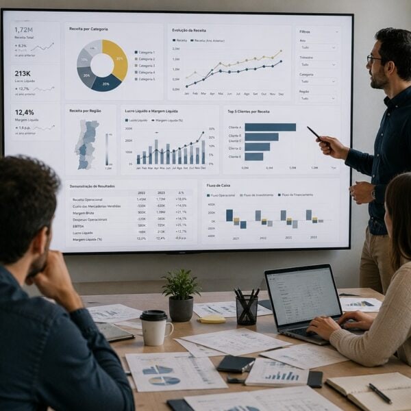 Formação em análise económica e financeira com dashboard de receitas, margens e fluxo de caixa