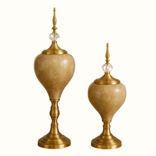 Antique Marble-Finish Decorative Jars with Crystal & Gold Detailing – Set of 2
