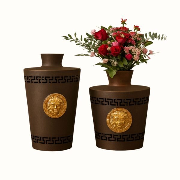Antique Iron Vases with Golden Sun Medallion – Set of 2 (With & Without Floral Display)