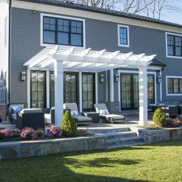 Williamsburg attached fiberglass pergola on stone patio