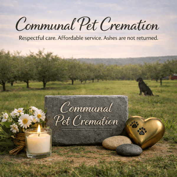 Communal pet cremation image showing a peaceful orchard on a family farm, representing respectful aftercare where ashes are not returned.