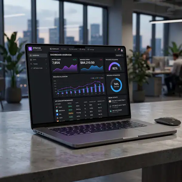 Dashboard da plataforma Gestão 360 em um laptop exibindo gráficos de desempenho e métricas operacionais