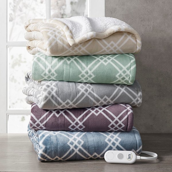 Serta Geometric Printed Plush To Sherpa Heated Throw