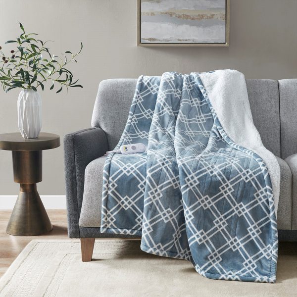 Serta Geometric Printed Plush To Sherpa Heated Throw - Image 3