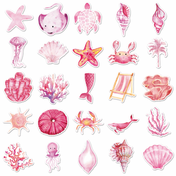 17555957400053 50pcs Pink marine life themed stickers