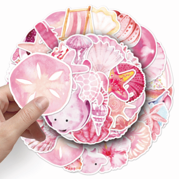 17555957432107 50pcs Pink marine life themed stickers