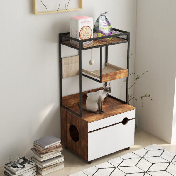 multi functional cat litter box furniture with storage and feeding space