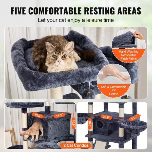 cat tree with cozy condos and soft hammocks for resting