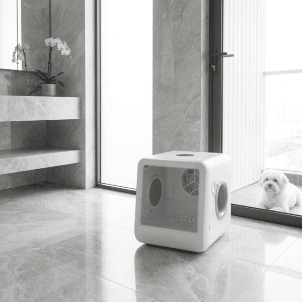 Smart white pet dryer box in a luxury marble bathroom — Petsy high-end pet grooming technology