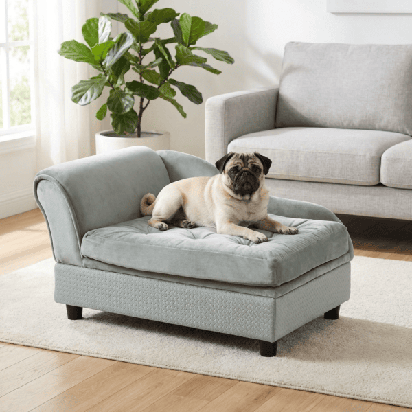 Luxury gray velvet chaise dog sofa bed with French Bulldog — Petsy premium pet furniture
