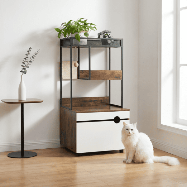Modern white 2-in-1 cat furniture and smart litter box cabinet in a minimalist living room — Petsy luxury pet living